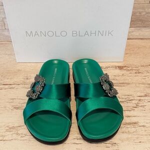 MANOLO BLAHNIK Size 37 CHILANGHI Green Satin Jewel Buckle Flat Mules EUC $1250